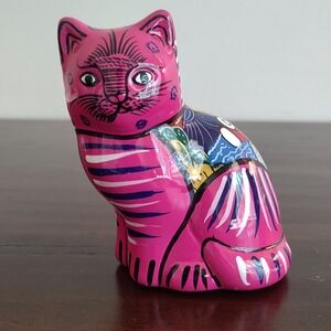Talavera Style Pottery Cat Mexico Colorful Pink